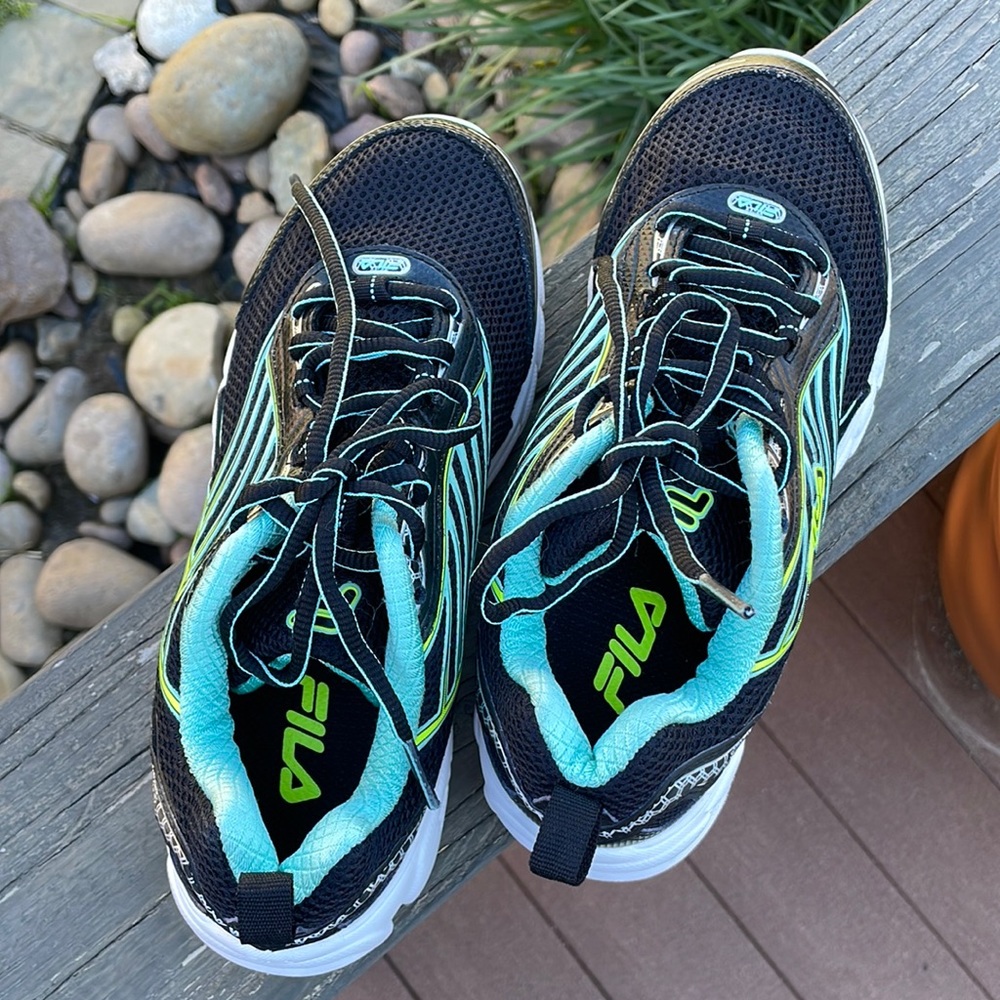Black, neon green and turquoise Fila running shoes . Size 6.5 US